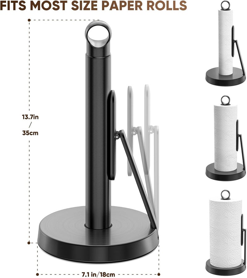 theaoo Heavy-Duty Stainless Steel Paper Towel Holder with Tension Arm – Easy One-Handed Tear, Modern Standing Countertop Dispenser for Kitchen, Holds All Paper Towel Rolls (1, Black) - Image 2
